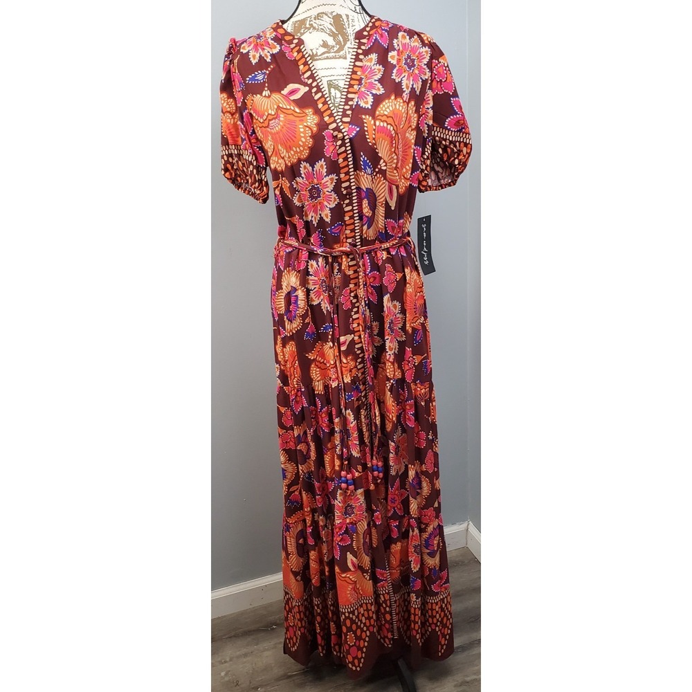 Sam & Jess Tiered Maxi Dress Womens S Multi Floral Beaded Tie Belt Puff Sleeve